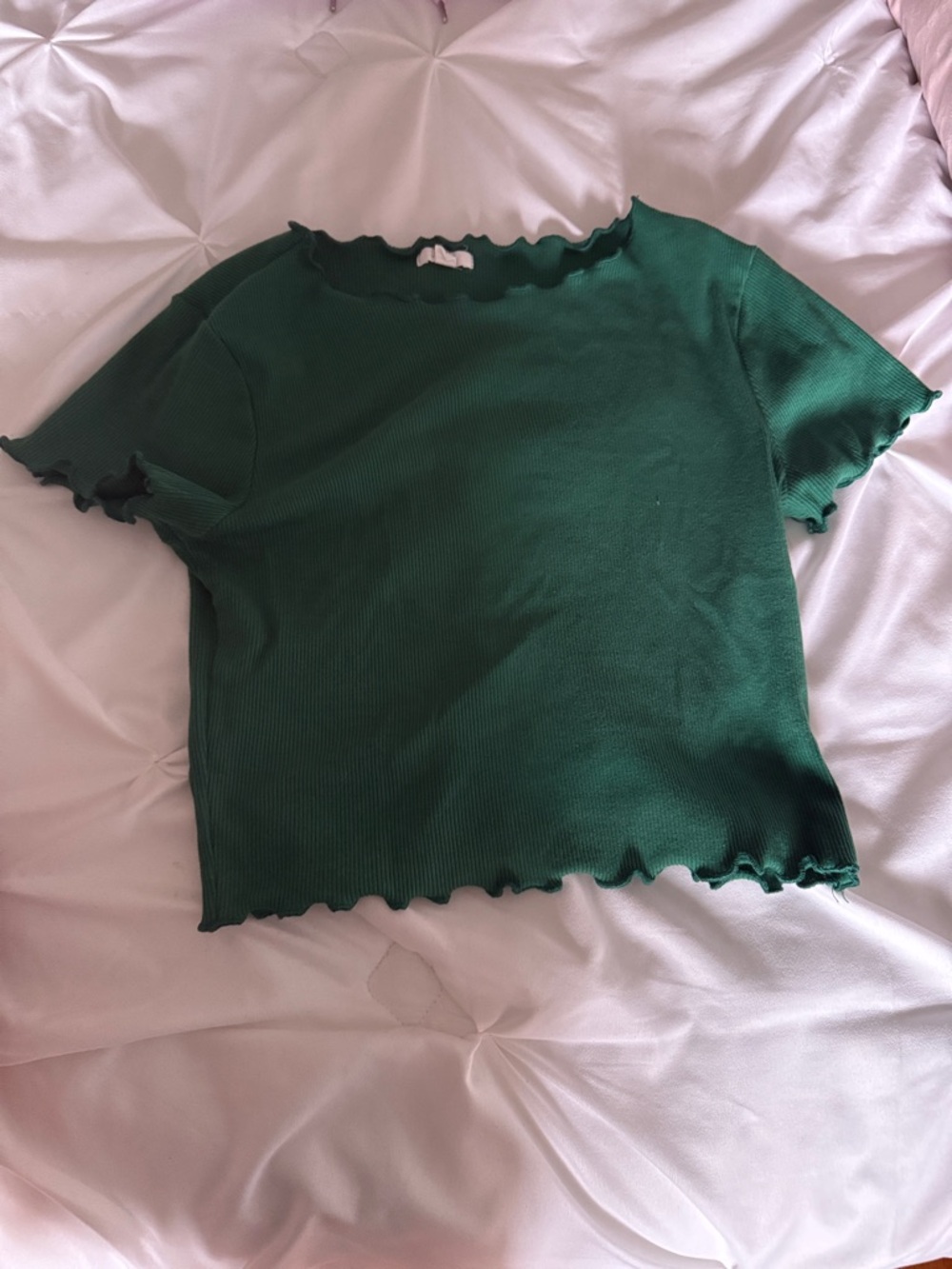 Ardene Ribbed Lettuce-Edge Short Sleeve Top - Emerald Green